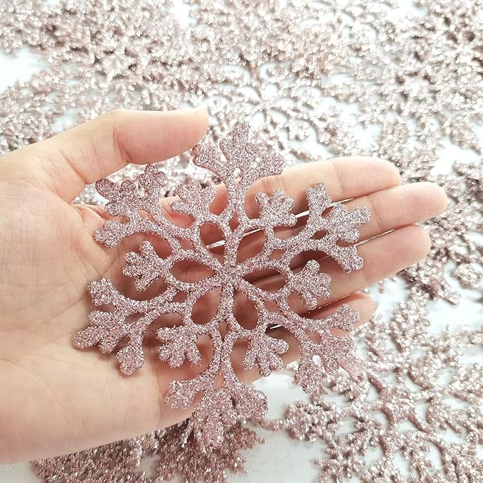 36pcs Christmas Rose Gold Snowflake Ornaments Plastic Glitter Snow Flakes Ornaments for Winter Christmas Tree Decorations Size Varies Craft Snowflakes