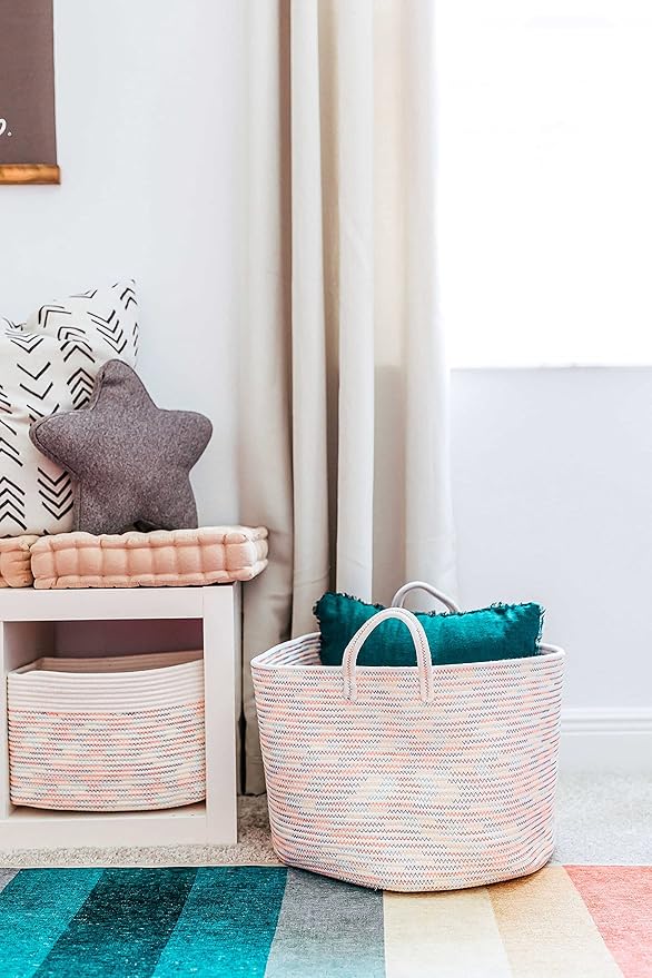 OrganiHaus Toy Storage Basket for Kids, Large Cotton Rope Organizer Bin for Nursery, Toy Box, Blanket Holder, Baby Hamper for Living Room, Soft & Washable, 20x13 inches - Rainbow