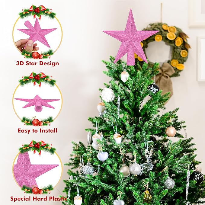 1PCS Christmas Tree Star Topper, 4" 3D Pink Xmas Tree Topper Decorations, Glitter Shatterproof Mini Bethlehem Star Tree Decor, Waterproof Star Tree Topper for Christmas Holiday Indoor Ornament