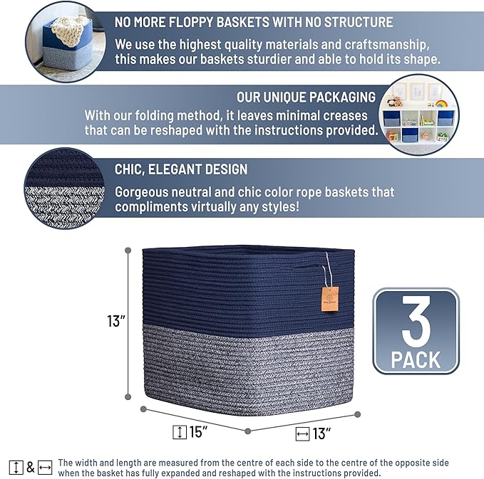 NaturalCozy 13x15x13 Kallax Storage Cubes Bins, 3 Pack | Cotton Rope Cube Storage Bin Woven Baskets for Organizing | Kallax Insert Storage Baskets for Shelves Organizer, Kids Toy, Closet Baby Nursery
