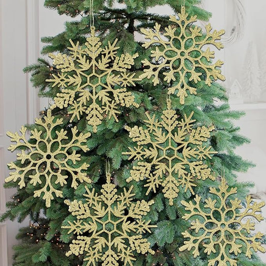 6pcs Large Gold Snowflakes Ornaments 12" Big Plastic Glitter Snowflake for Winter Indoor Outdoor Christmas Tree Window Room Decorations Giant Craft Snowflakes