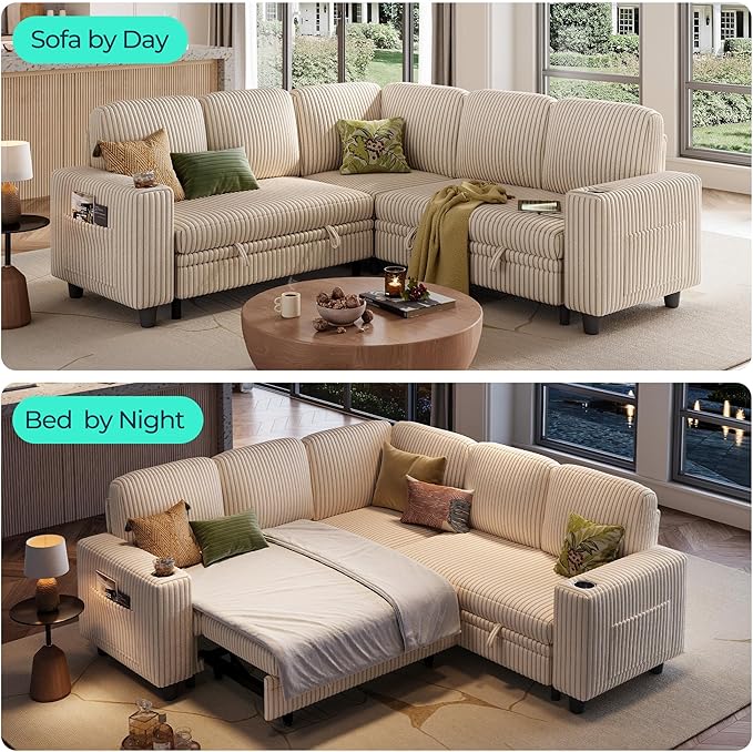 LINSY HOME Sectional Sleeper Sofa with Pull Out Couch Bed - Convertible Plush Corduroy Cloud Couch with Storage Chaise & USB Charging, Comfy L Shaped Modular Couches for Living Room Apartment, Beige