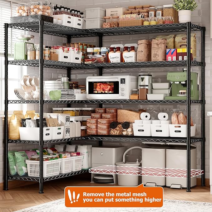 REIBII 1600LBS Storage Shelves Metal Shelving 5 Tier Wire Shelving Unit, 69.8" W Pantry Shelves Kitchen Shelves Adjustable Wire Shelf for Garage Storage Shelves, 69.8" Wx15.8 Dx72.4 H, Black