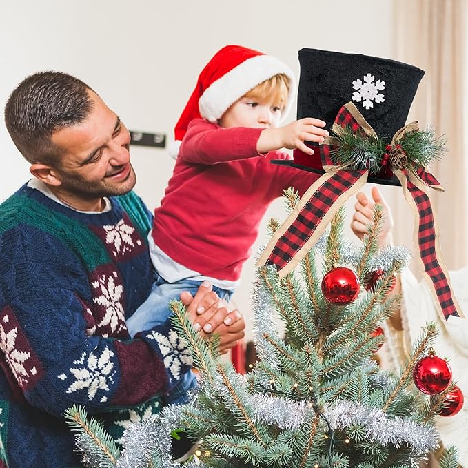 GENMOUS Christmas Hat Tree Topper, Buffalo Plaid Snowflake Christmas Tree Topper Bows with Light, Xmas Tree Top Ornament Home Decorations Ideal Gifts