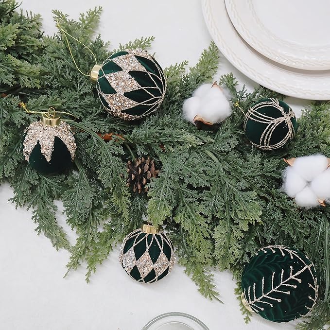 4inch Velvet Ornaments for Christmas Tree, 9PCS Glitter Flocked Christmas Ornaments Decorations Balls Set Decor Green