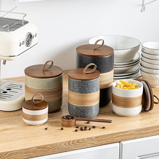 Spice Jars with Airtight Lid, Coffee Container Canister Kitchen Food Storage Jars for Spice Sugar Tea Bag, Stackable Decorative Jars for Countertop, Grey & 37oz