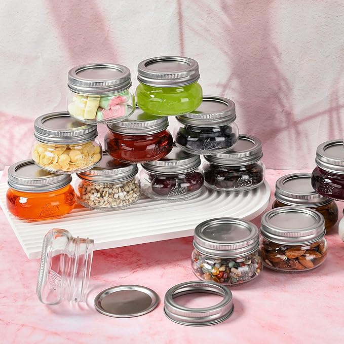 Mason Jars 4oz - 24Pack Glass Jars with Leak Proof & Food Grade Canning Jars for Spices, Dry Food Storage & DIY Crafts, Perfect for Home Cooks, Meal Prep, and Crafting Enthusiasts