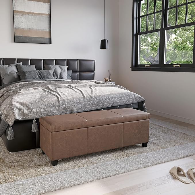 BELLEZE 47 Inch Storage Ottoman, Faux Leather Storage Bench Bedroom Bench with Safety Close Hinge, Ottoman with Storage for Living Room, Entryway, Hallway, Foot Rest, Support 300lbs - Rustic Brown