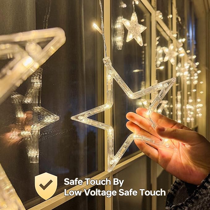 126L Warm White Star Icicle Lights, 8.2FT Clear Curtain Fairy String with Connectable, Timer 8 Modes Memory, Waterproof Hanging for Christmas,Ramadan,Party,Wedding Indoor Outdoor Decorations