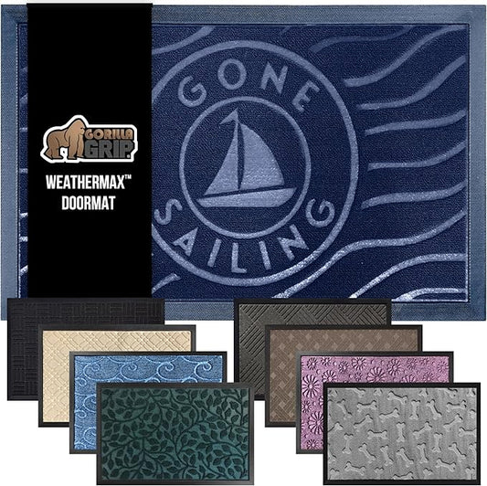GORILLA GRIP 100% Waterproof All-Season WeatherMax Doormat 35x23, US Designed Natural Rubber, Stain and Fade Resistant, Low Profile Indoor Outdoor Door Mats, Easy Clean Patio Mat, Blue Sailing
