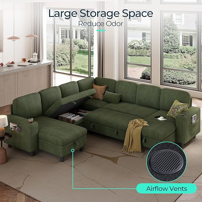 LINSY HOME Sectional Sleeper Sofa with Pull Out Couch Bed - Convertible Plush Corduroy Cloud Couch with Storage Chaise & USB Charging, Comfy Modular Couches for Living Room, Green