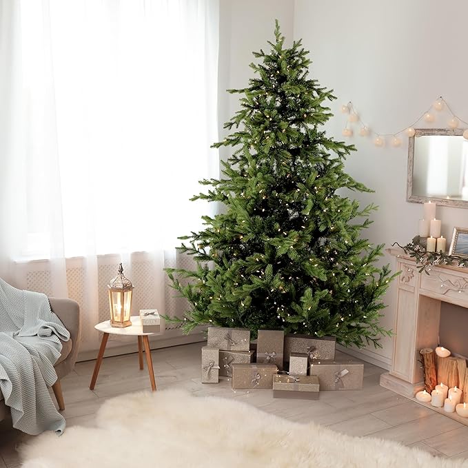 Fraser Hill Farm 9-Ft. Foxtail Pine Artificial Christmas Tree with Warm White LED Lights and Stand, Prelit Foldable Fake Tree with Realistic Foliage for Home Decoration