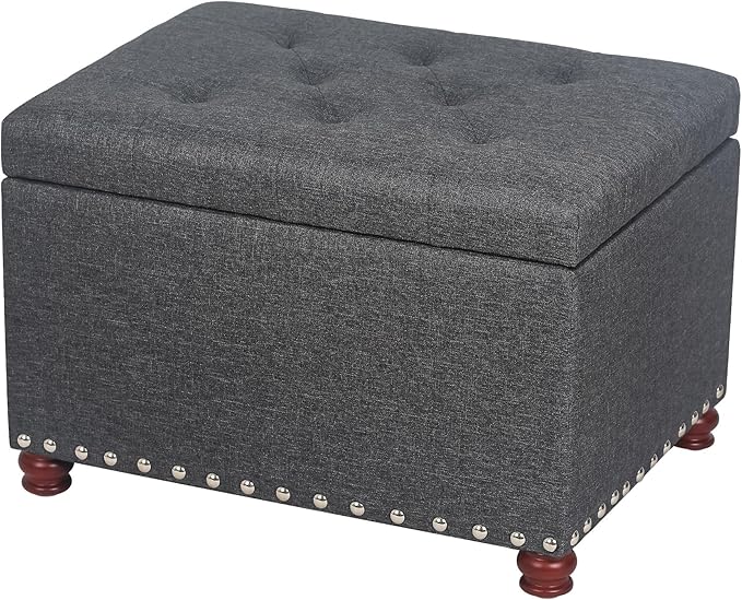 Joveco Storage Ottoman Linen Tufted Bench with Rivet, Rectangular Footrest Stool Coffee Table Seat for Living Room Bedroom, Grey