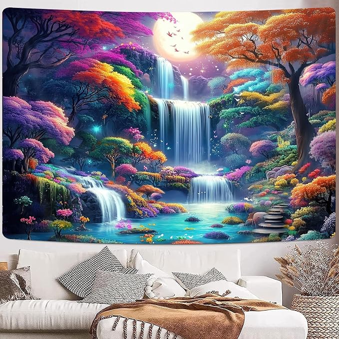 GOAOK Fantasy Enchanted Forest Tapestry, Fairytale Wonderland Colorful Tree Waterfall Art Moon Magical Aesthetic Landscape Tapestry Wall Hanging for Bedroom College Dorm Room?60"X40"Inch