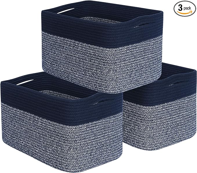 MINTWOOD Design 3-Pack Storage Baskets for Shelves, Playroom and Classroom, Book Basket, Decorative Storage Cube Bins, Woven Closet Organizers, Pantry and Shoe Organizer, Navy Blue