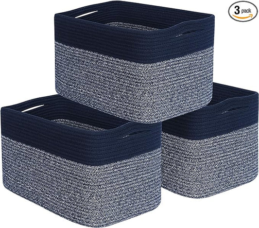 MINTWOOD Design 3-Pack Storage Baskets for Shelves, Playroom and Classroom, Book Basket, Decorative Storage Cube Bins, Woven Closet Organizers, Pantry and Shoe Organizer, Navy Blue