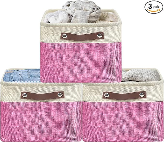 SIMPLE HOUSEWARE Large Fabric Storage Bin, 15" x 11" with Leather Like Handles, 3 Pack, Pink