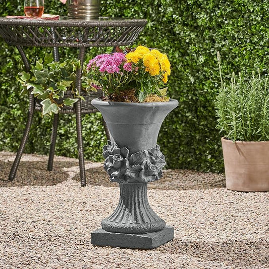 Christopher Knight Home Jorine Light Concrete Planter, Patio Planter, Mid-Centry Gadern Urn, Large Garden Pot, Floral Relif Design, Flower Urn with Drainage Hole for Backyard Home, Antique Gray