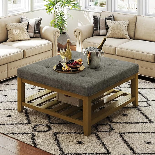 Large Square Ottoman Coffee Table, Linen Solid Upholstered Footrest Ottoman with Solid Wood Shelf Storage Tufted Coffee Table for Bedroom Living Room, Granite