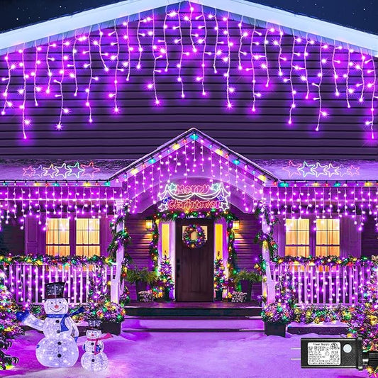 33ft Purple Halloween Lights Outdoor Indoor, 400 LED Icicle Lights for Outside Twinkle Christmas Lights with 75 Drops Clear Wire Timer 8 Modes for House Party Tree Yard Patio Eaves Holiday Decoration