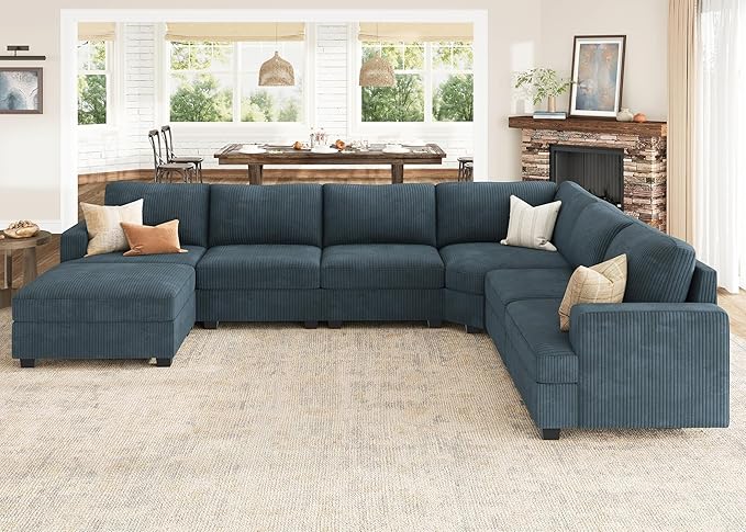 Nolany Modular Sectional Couch with Storage Ottoman, Corduroy Sectional Sofa with Chaise, U Shape Sectional Couches for Living Room, Blue