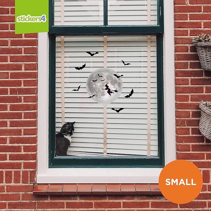 Halloween Clings for Glass Windows - 8" x 8" Moon Decal - Witch Silhouette - Halloween Decorations