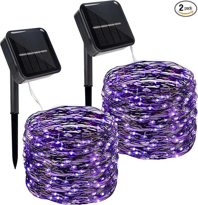 Twinkle Star 2 Pack Outdoor Solar String Lights, Total 80FT 240 LED Solar Powered Halloween Decorative Fairy Lights with 8 Modes, Waterproof Black Wire Light Patio Yard Wedding Party, Purple, 2 Pack