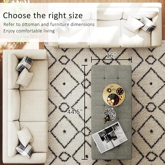 Large Rectangular Upholstered Ottoman Bench, Linen Tufted Footrest Ottoman with Solid Wood Shelf Storage Coffee Table for Bedroom Living Room, Granite