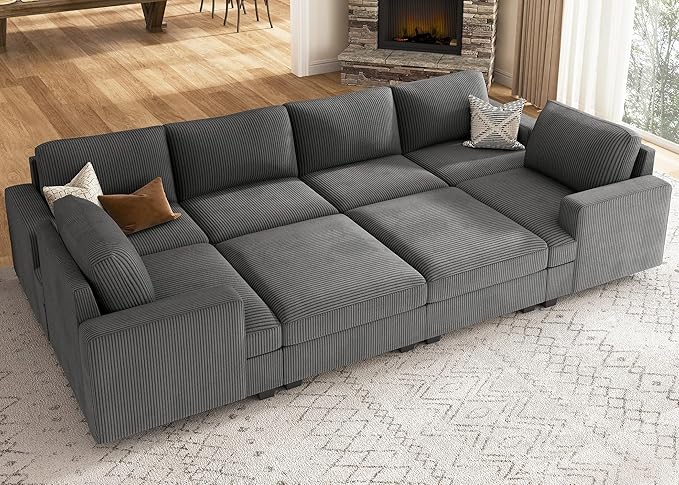 Nolany Sectional Couch with Storage Ottoman, Corduroy Sleeper Sectional Sofa with Chaise, Modular Sectional Couches for Living Room, Dark Grey