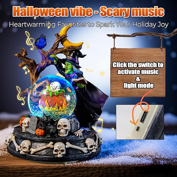 Halloween Snow Globe Lantern with Music - Lighted Witches, Ravens, Pumpkins & Black Cat Glitter Lantern, Witch Black Cat Halloween Decorations Indoor for Spooky Party Home Décor