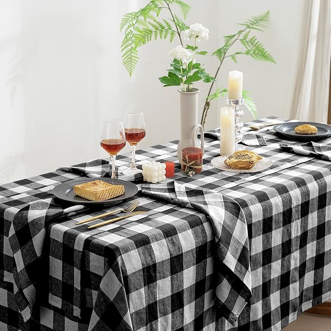 EVERLY 100% Yarn-Dyed Linen Rectangle Tablecloths 60x120Inches for Dining,Buffet Parties,Picnic,Events and Restaurants,Decorative Halloween,Thanksgiving Machine Washable Tablecloths-Black Plaid