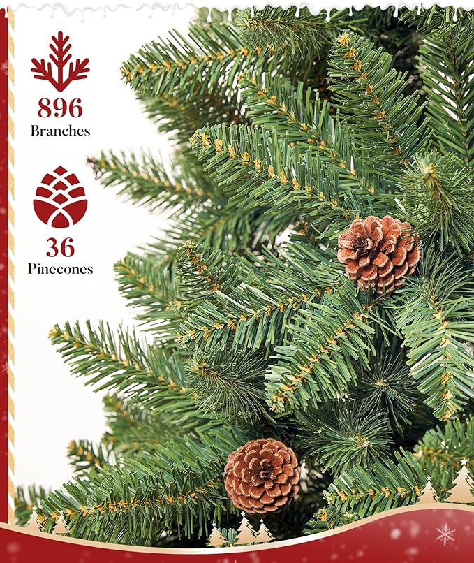 Decoway 6FT Artificial Christmas Tree: Unlit Green Xmas Pine with Pinecones and Metal Stand for Indoor - Holiday Decoration for Porch Living Room Easy Assembly