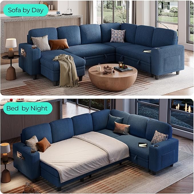 LINSY HOME Sectional Sleeper Sofa with Pull Out Couch Bed - Convertible Plush Corduroy Cloud Couch with Storage Chaise & USB Charging, Comfy Modular Couches for Living Room, Blue