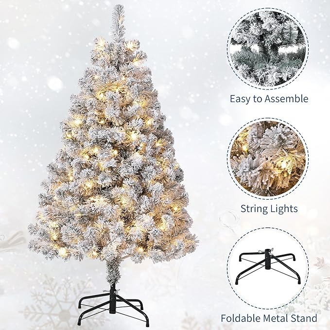GarveeHome 4.5ft Prelit Artificial Christmas Tree with Warm White Lights, Snow Flocked Full Xmas Tree with 318 Branch Tips, 100 LED Lights & Foldable Stand, Green & White Christmas Decorations