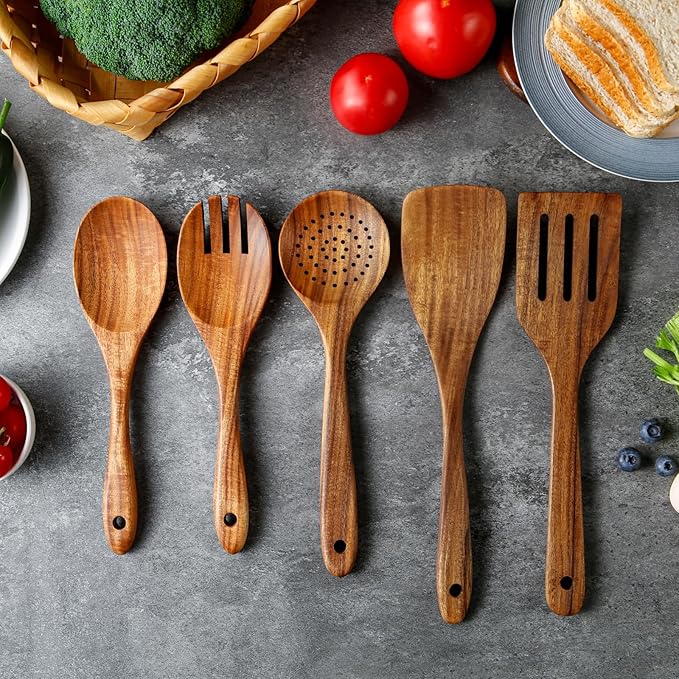 5 Piece Wooden Spoons for Cooking - Natural Finish Wooden Cooking Utensils - Soft Grip Wood Spoons - Non-Stick Wooden Spoons
