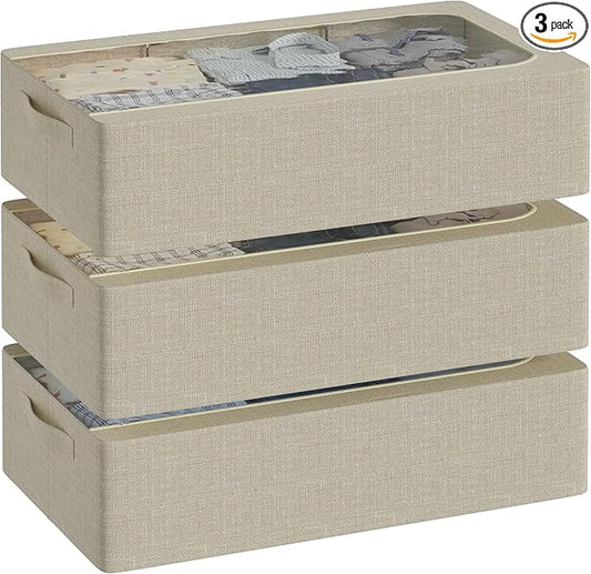 3PCS Under Bed Storage Bins with Metal Frame, Linen Fabric Frame Storage Box Clothes Organizer Bins, Underbed Container with Clear Window (Beige, 15.7 x 13 x 6IN)