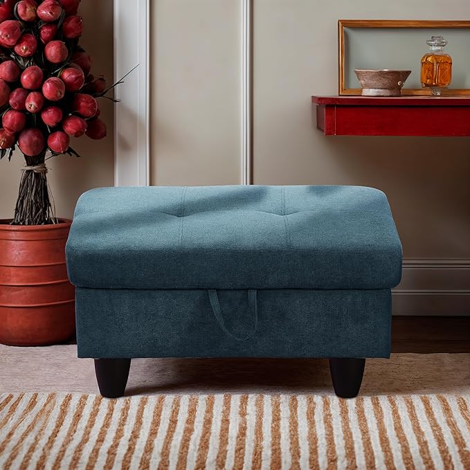 Ottoman Rectangular Storage Ottoman Bench, Flannel Footrest Stool Footstool with Lid for Living Room, Bedroom, Entryway, Lake Blue, 28.5"x19"x17.5"