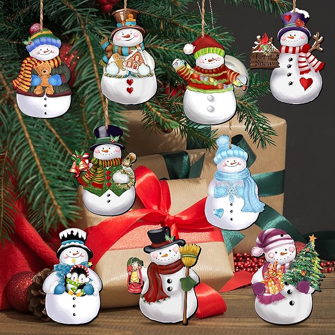 24 Pieces Christmas Snowman Wooden Ornaments Wood Hanging Decoration Set for Christmas Tree Hanging Wood Crafts Holiday Decor Xmas Party Supplies