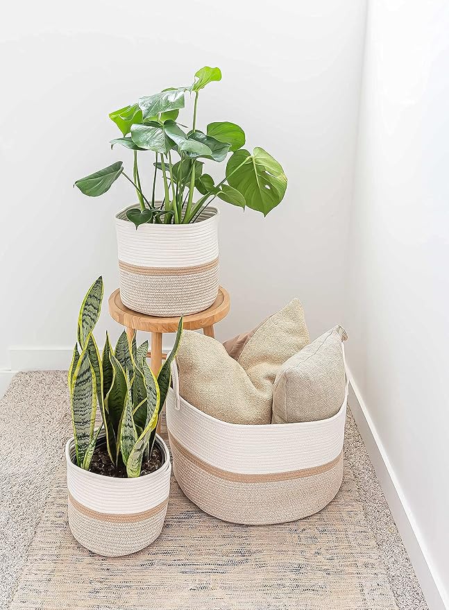 OrganiHaus Boho Woven Basket for Blankets and Laundry, Decorative Large Storage Bin for Living Room, Nursery Basket for Toys & Clothes, Soft Cotton Rope with Handles 20x13 inches - Striped Honey