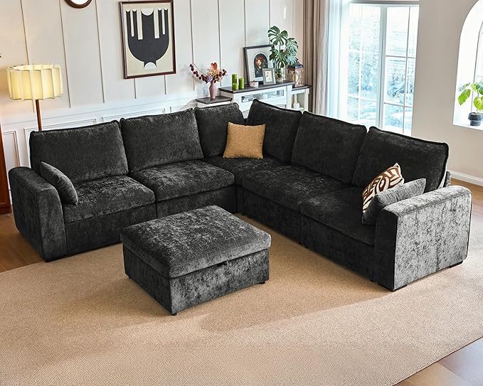 Oversized Modular Sofa Comfy Cloud Couch with Storage, Extra Deep Plush Sectional Sofa Set for Living Room, Covers Washable, Chenille, Olar (Black, 6-seatser with Corner & Ottoman, v-Shaped)