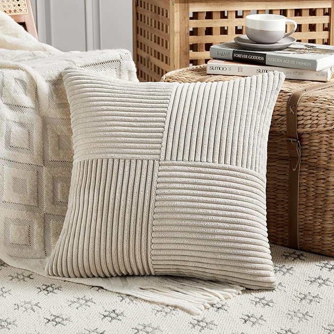 Fancy Homi 2 Packs Neutral Taupe Euro Decorative Throw Pillow Covers 26x26 Inch for Couch Bed Sofa, Rustic Farmhouse Boho Home Decor, Soft Corss Corduroy Patchwork Textured Square Cushion Case 66x66cm