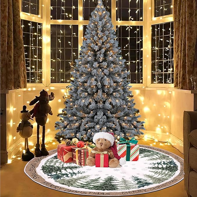 Baccessor Christmas Tree Skirt 36 Inch Pine Trees Snowy Forest Christmas Tree Skirt Collar for Farmhouse Vintage Rustic Merry Christmas Xmas Winter Holiday Party Decoration