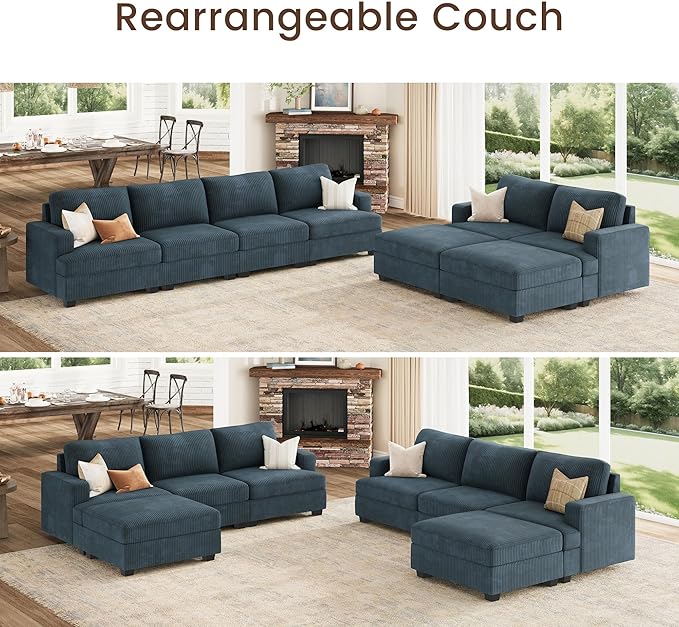Nolany Sectional Couch with Storage Ottoman, Corduroy Sleeper Sectional Sofa with Chaise, Modular Sectional Couches for Living Room, Blue