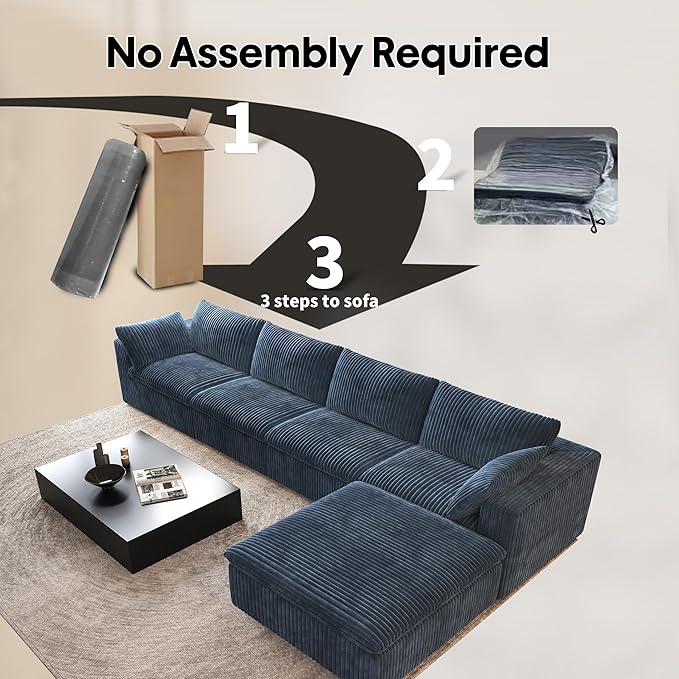 157.5" L Shaped Modern Sofa Modular Sectional Cloud Couch with Ottoman,Deep Seat Upholstered Couches with Corduroy Fabric for Living Room Furniture,Bedroom and Apartment,No Assembly Required,Blue