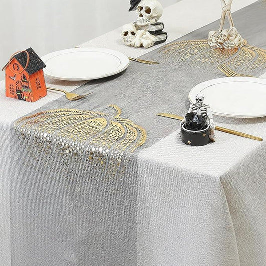 Halloween Pumpkin Table Runner Foil Metallic Thin Mesh Runners Fall Autumn Maple Leaves Table Runners for Tables Kitchen Dining Decorations Party Supplies 11*108"
