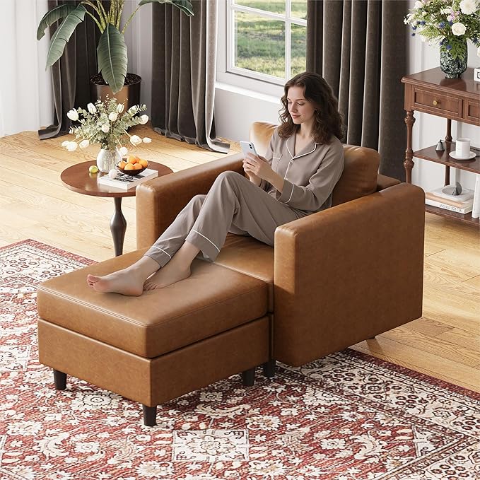 Faux Leather Oversized Accent Chair with Storage Deep Seat Single Sofa Large Reading Armchair for Living Room Bedroom Office Brown