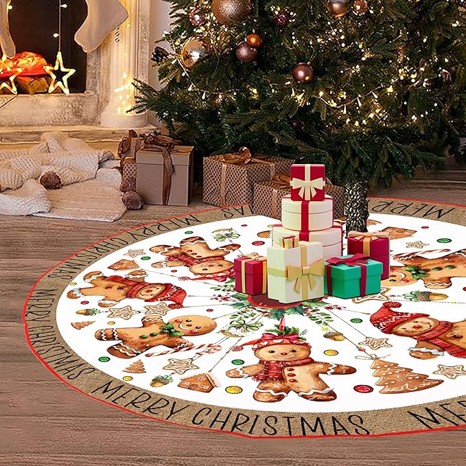 Baccessor Christmas Tree Skirt 48 Inch, Merry Christmas Cute Gingerbread Man Christmas Tree Skirt Collar for Winter Holiday Farmhouse Vintage Rustic Xmas Party Decoration