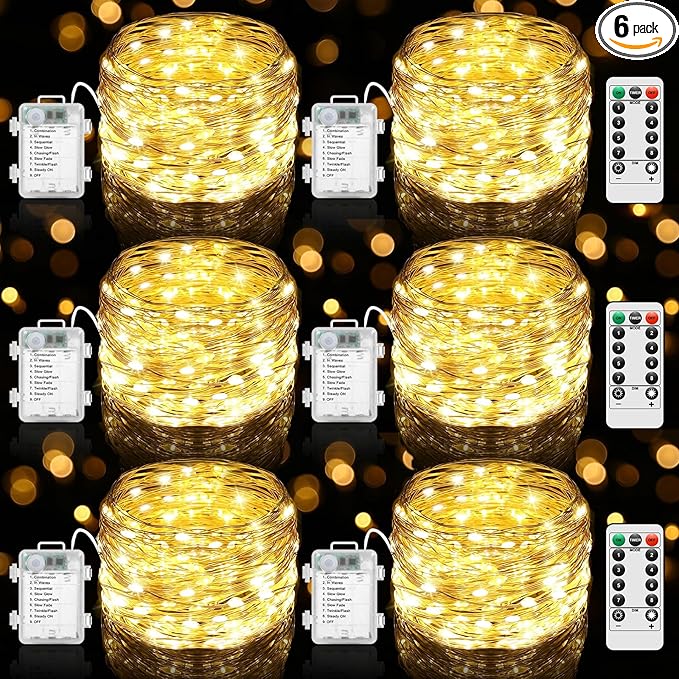 6 Pack 100 LED Fairy Lights Battery Operated with Timer & Remote, 33FT Waterproof Twinkle Lights Indoor Outdoor, Fairy String lights for Bedroom Classroom DIY Wedding Christmas Decorations, Warm White