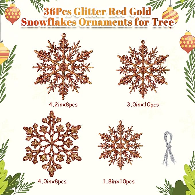 36pcs Snowflakes-Christmas Tree Decorations, Snowflake Ornaments for Tree, Plastic Glitter Red Gold Snow Flakes Ornaments, Christmas Indoor Winter Wonderland Frozen Birthday Party Holiday Home Decor