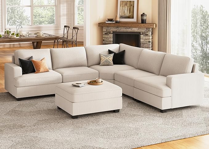 Nolany Sectional Sofa with Storage Ottoman, U Shape Sectional Couch Corduroy Modular Sectional Couches for Living Room, Beige
